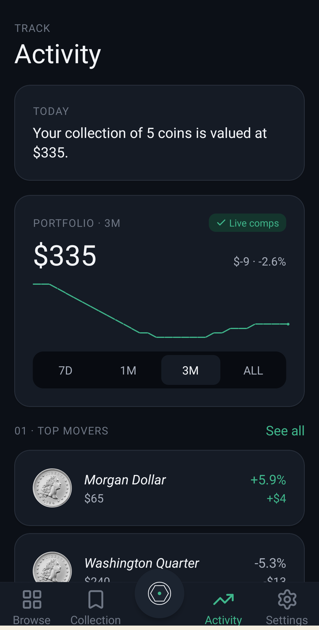 Activity screen with a three-month portfolio chart and a list of top movers.
