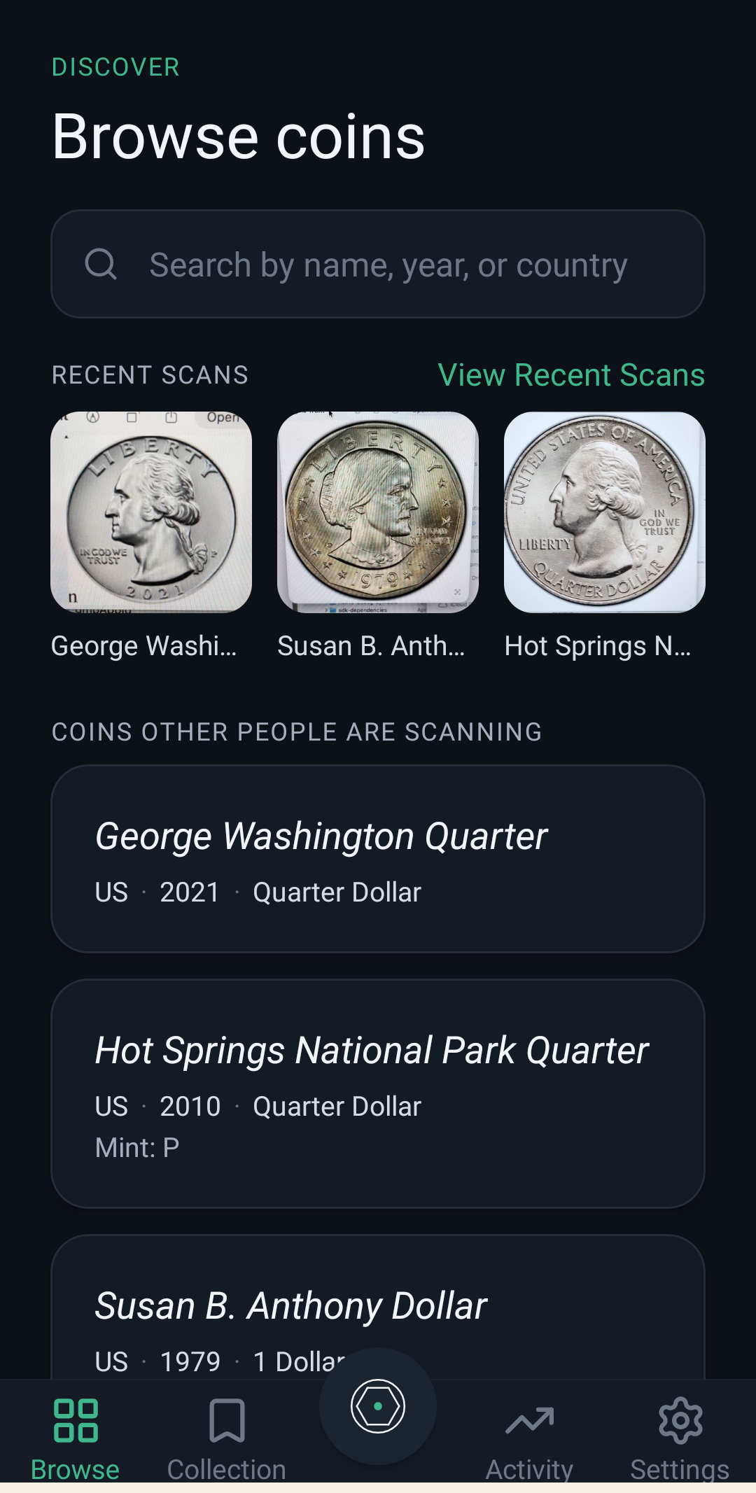 Browse coins screen with search, recent scans and coins other people are scanning.
