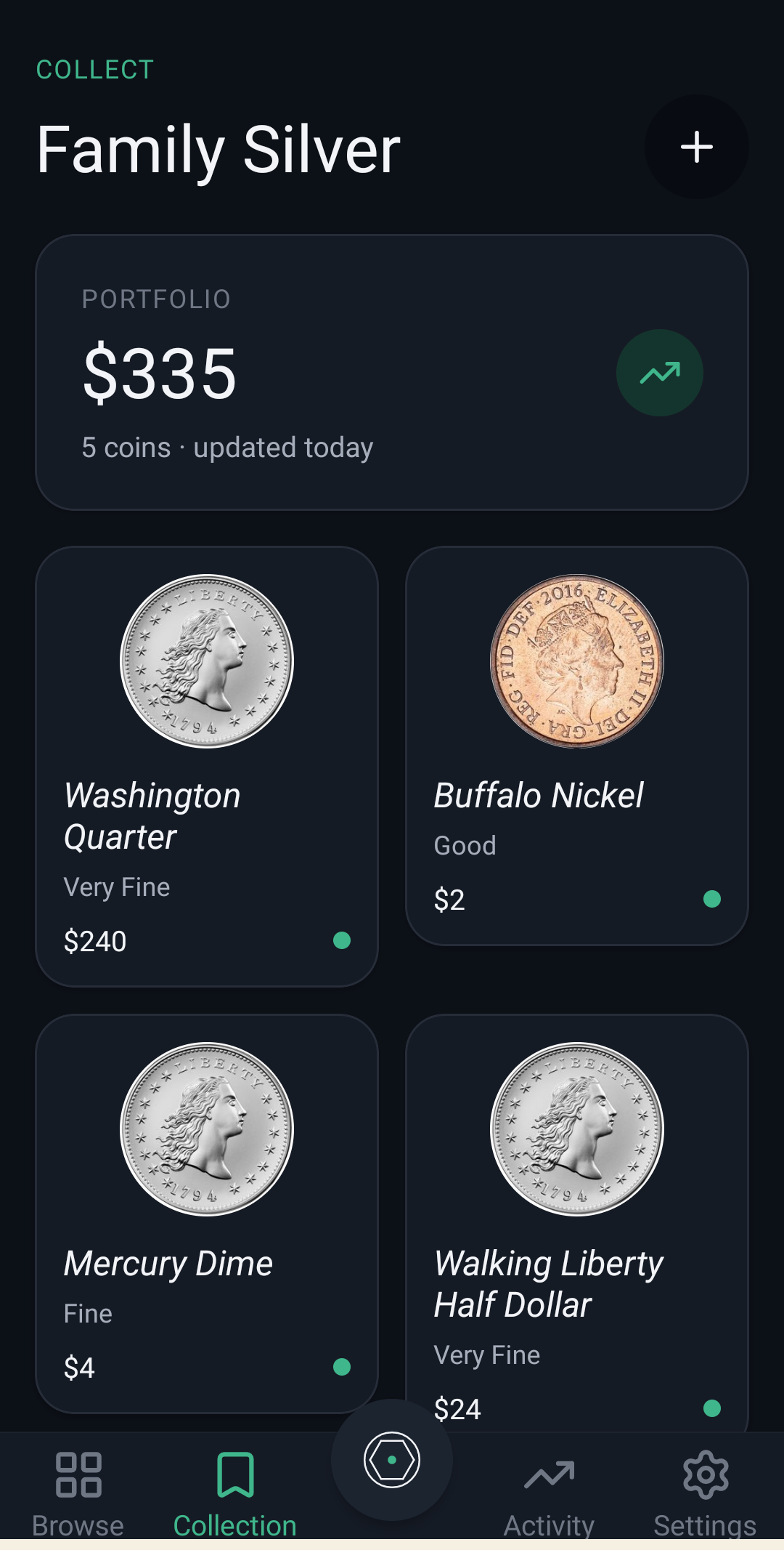 Family Silver collection screen showing a portfolio total and a grid of coin cards with grades and values.