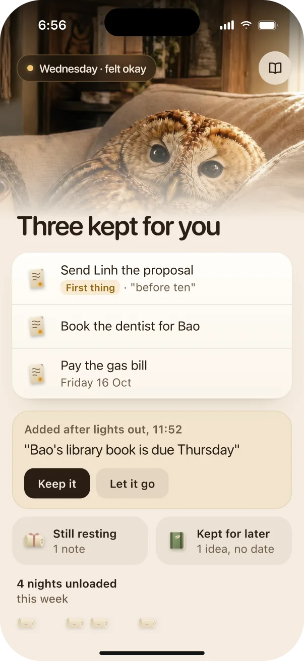 Wednesday morning: three kept for you, with Send Linh the proposal marked as the first thing.