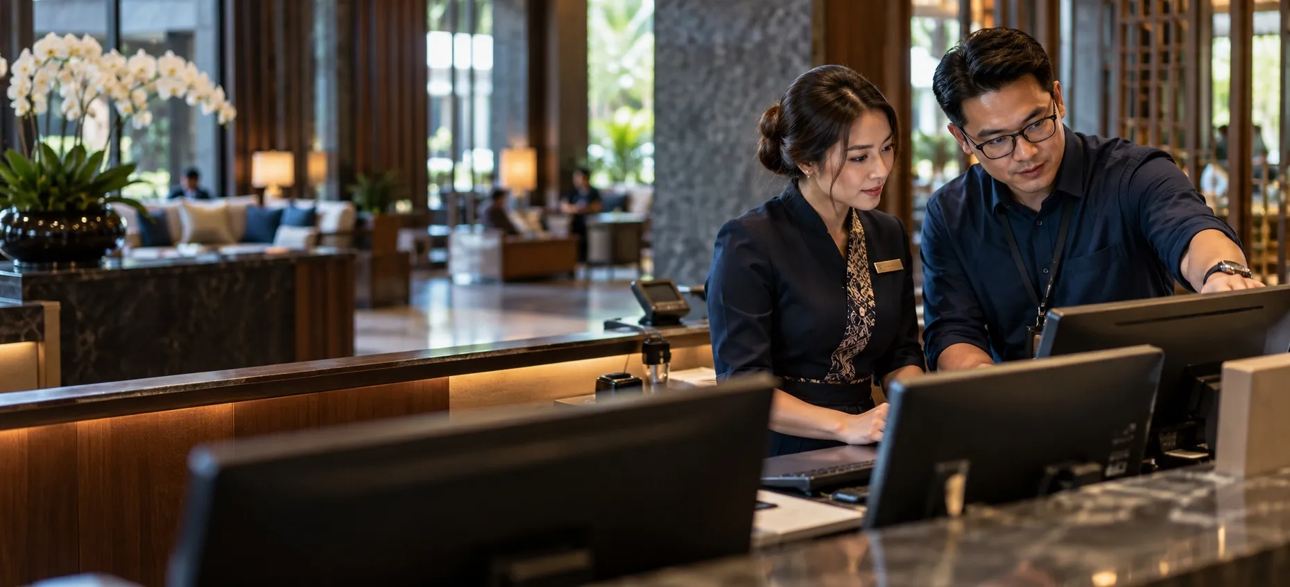 Hotel manager and a software specialist reviewing the existing reception workstation.