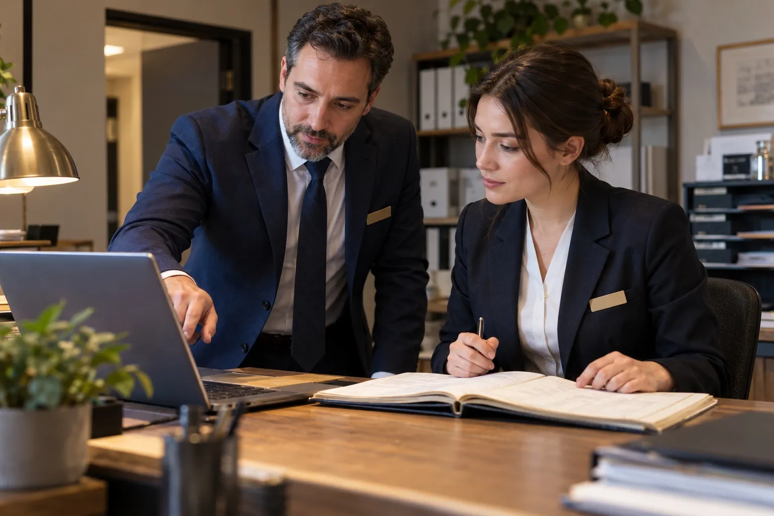Hotel colleagues comparing a reservation on a laptop with their booking ledger.
