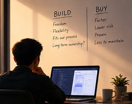 A builder at a laptop weighing Build against Buy