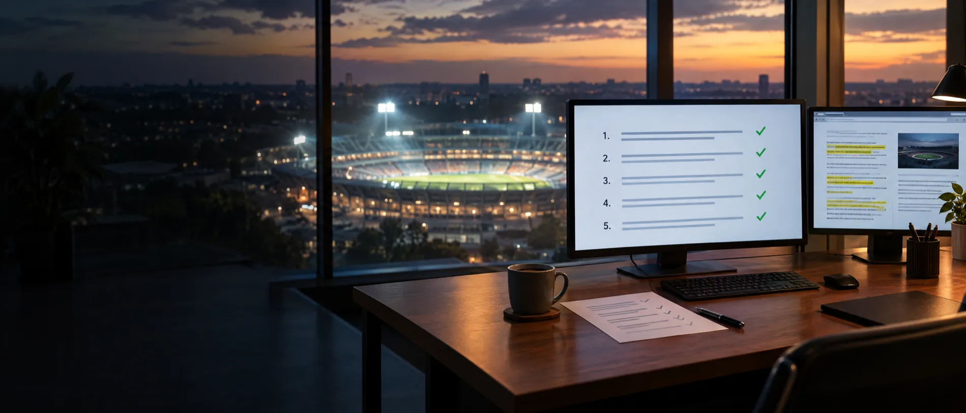 An empty editor’s desk at dusk, a monitor showing five checked questions, with a floodlit football stadium beyond the window.