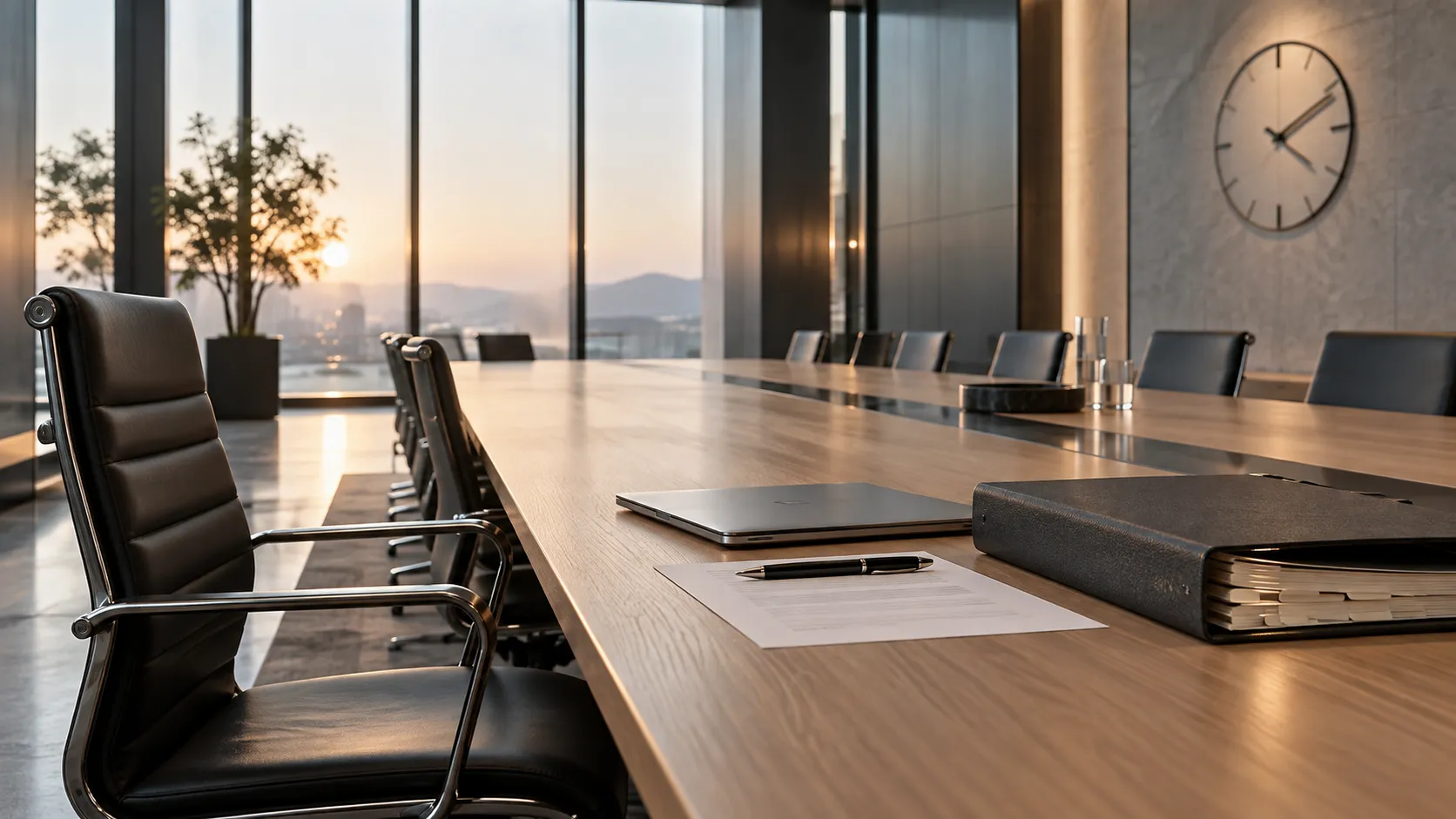 A prepared evidence folder and pen at an empty chair in a modern boardroom, with a clock beyond.