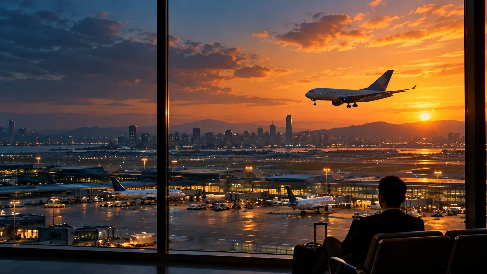 An airport at sunset with an approaching aircraft and a seated traveler.