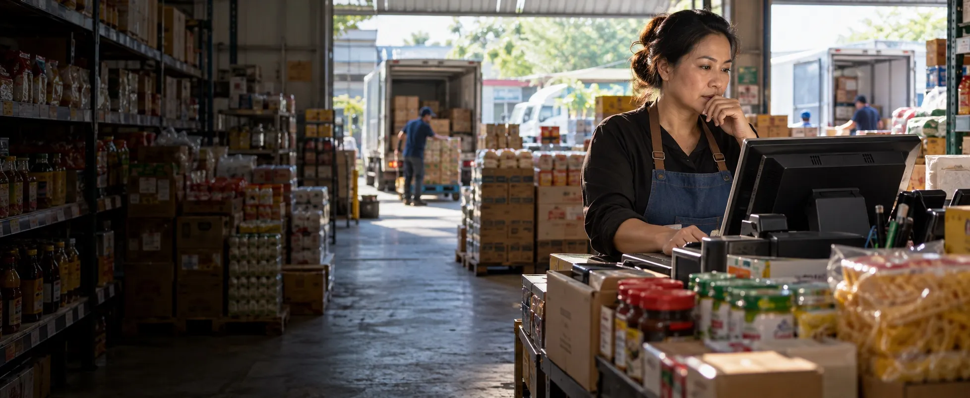 Grocery wholesaler at a point-of-sale terminal near the loading area of her warehouse.