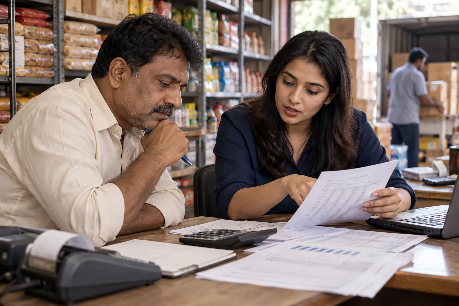 Wholesaler and software founder reviewing sales records together.