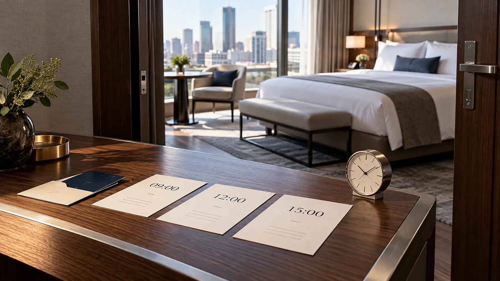 Three scheduled booking slips and a single room key on a sleek hotel operations desk, with a sunlit room beyond.