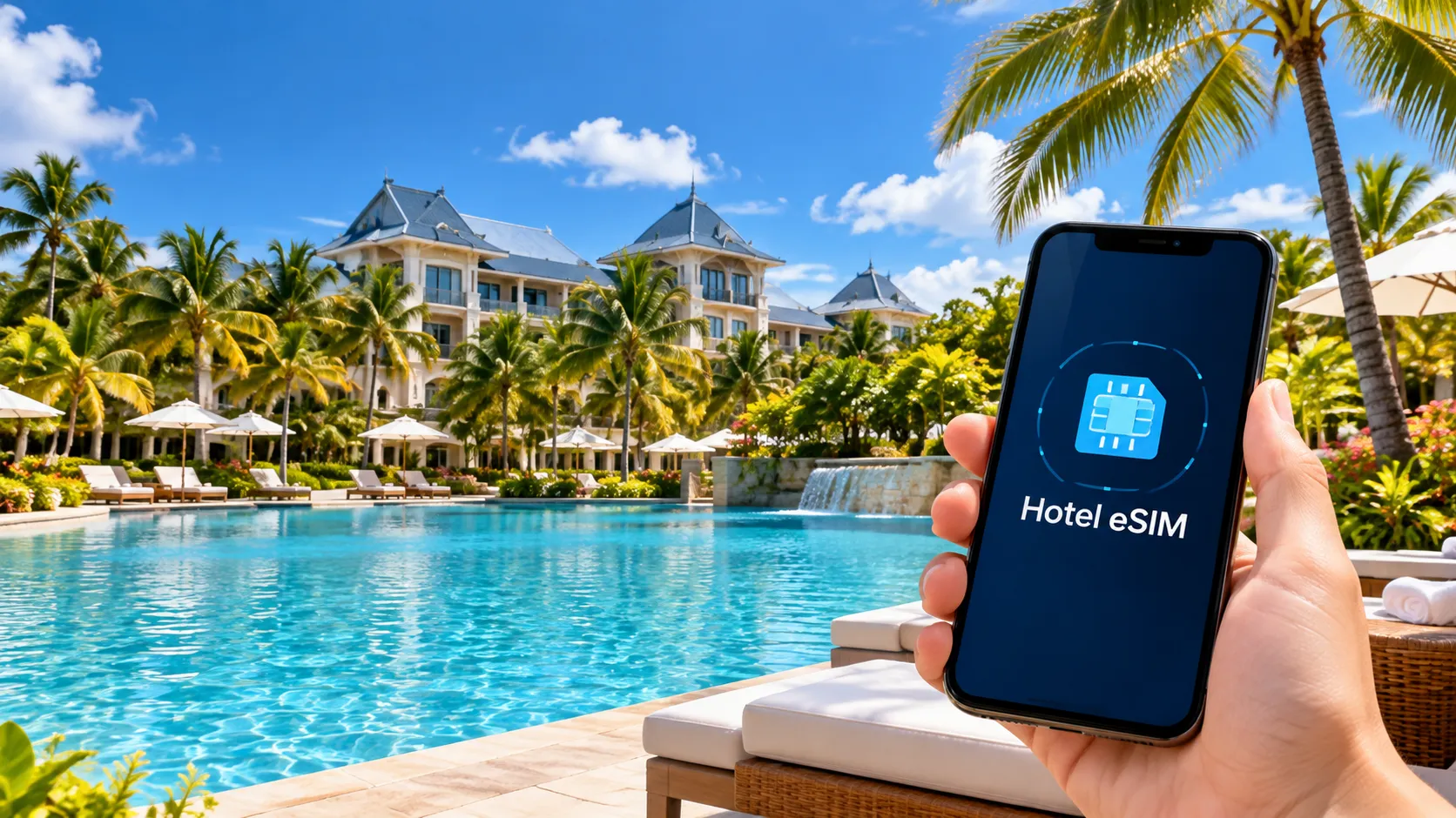 A tropical resort pool with a hand holding a phone displaying Hotel eSIM.