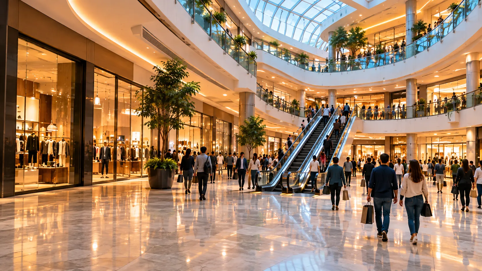 A sunlit multi-level shopping mall with escalators and shoppers.
