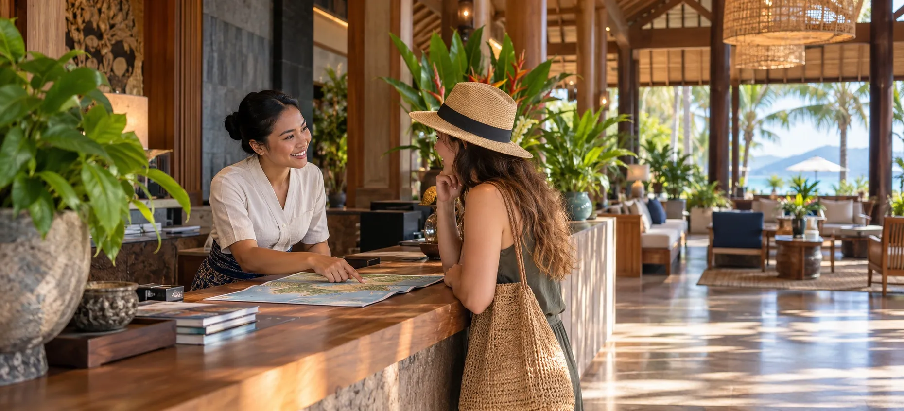 Hotel receptionist pointing out local experiences on a map to a guest at the front desk.