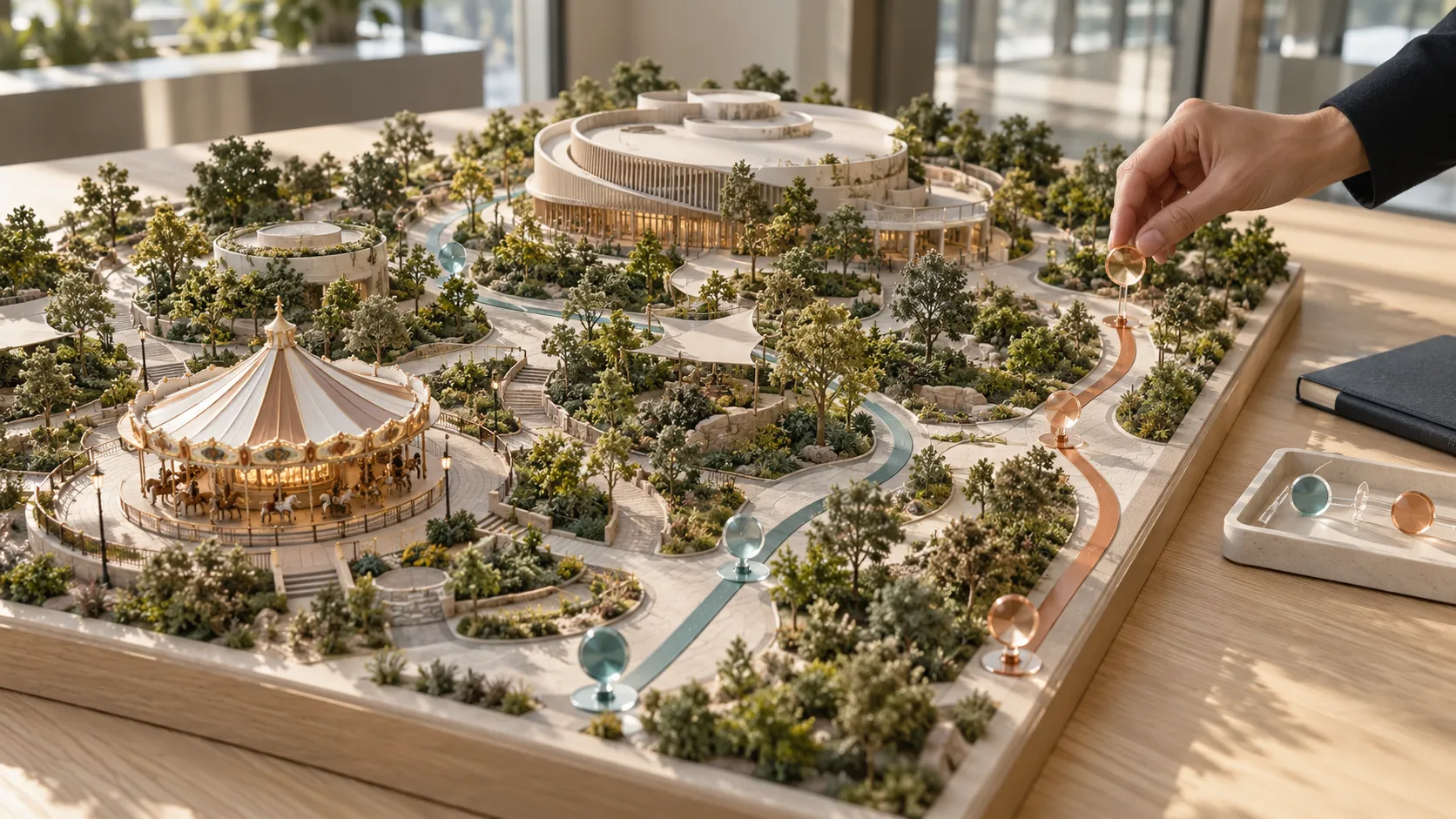 An operator adjusting route markers on a detailed architectural model of a theme park.