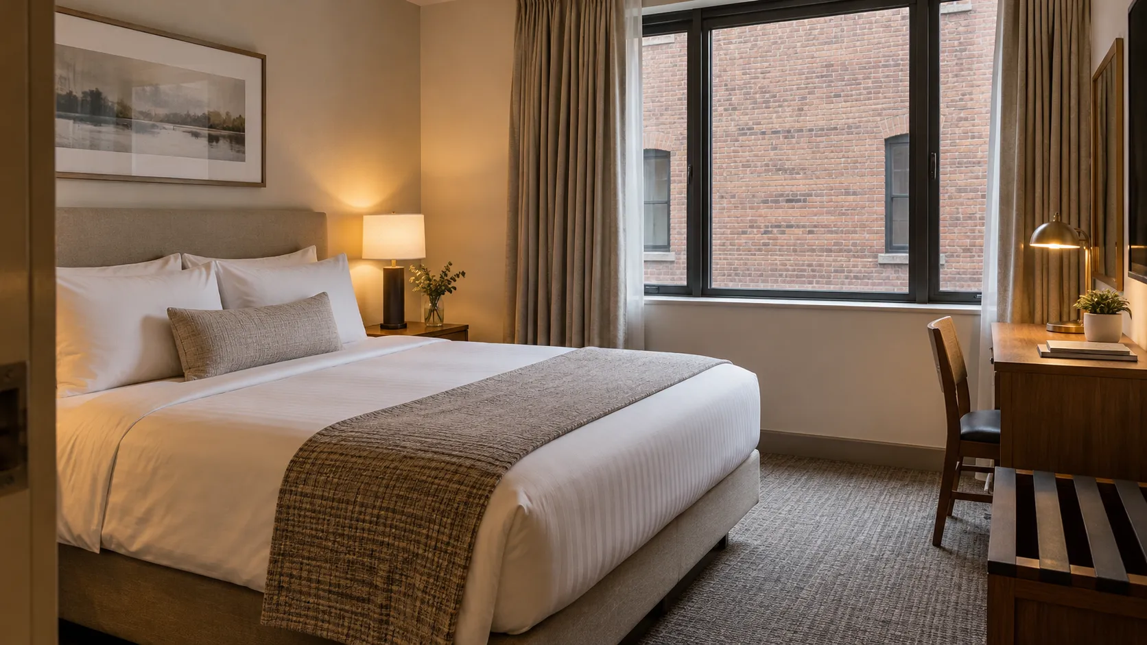 A comfortable modest hotel room with a window that openly reveals a nearby brick wall.
