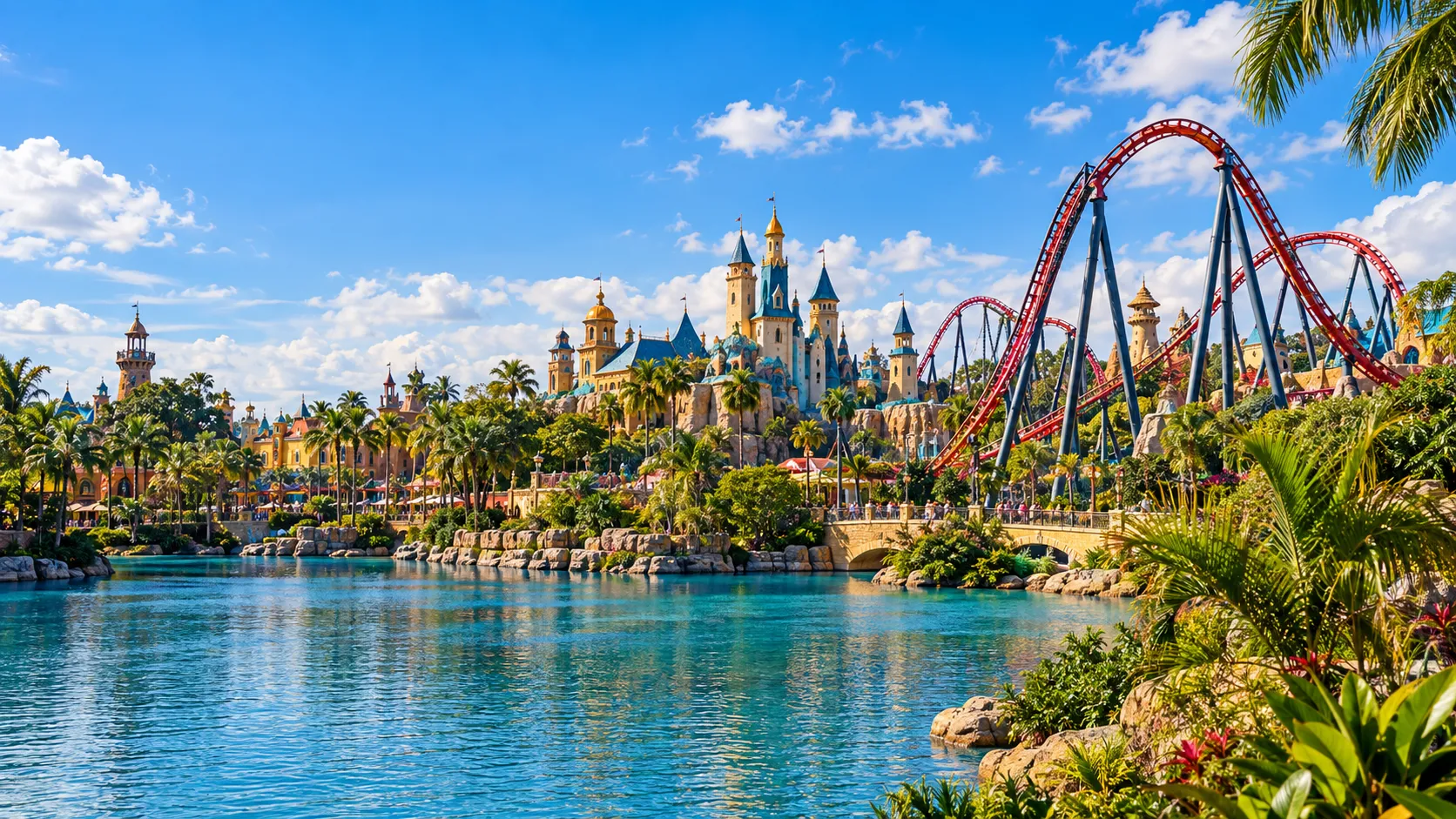 A theme park panorama with a lagoon, castle-like attractions, and a roller coaster.