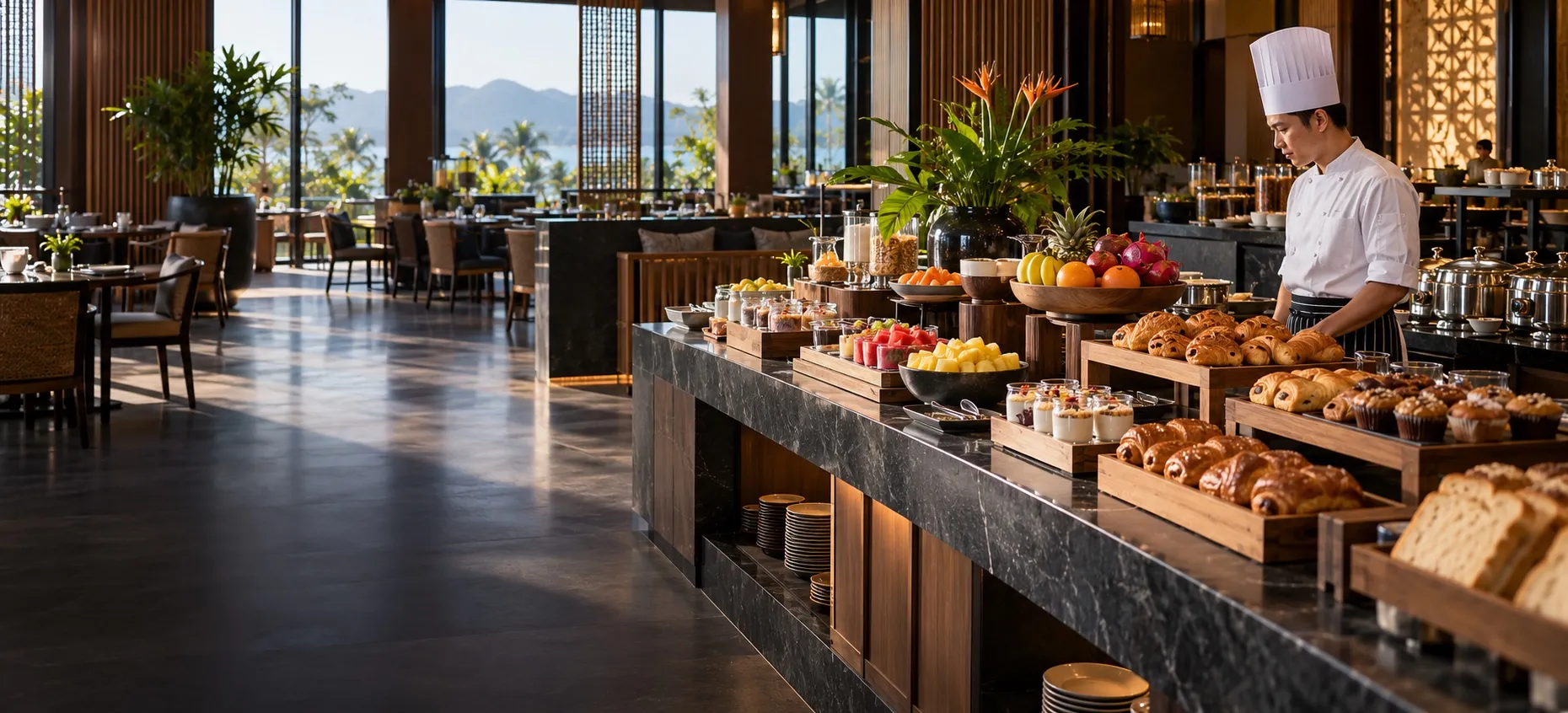 Chef surveying a hotel breakfast buffet during morning service.