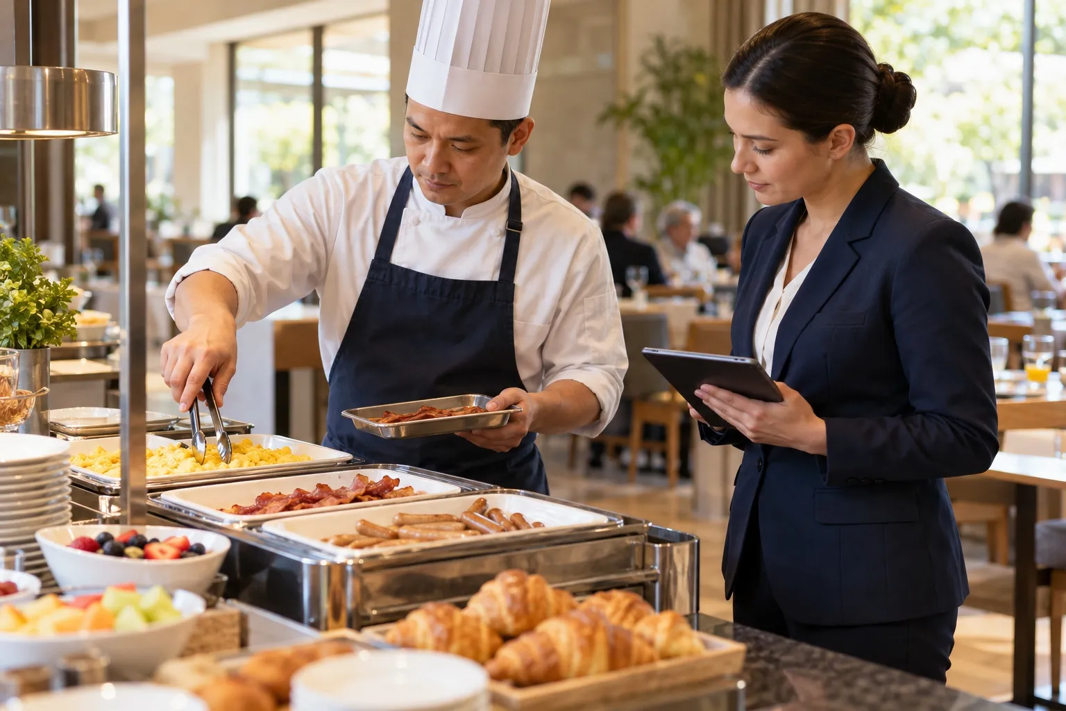 Chef selectively replenishing breakfast food while a supervisor checks a tablet.
