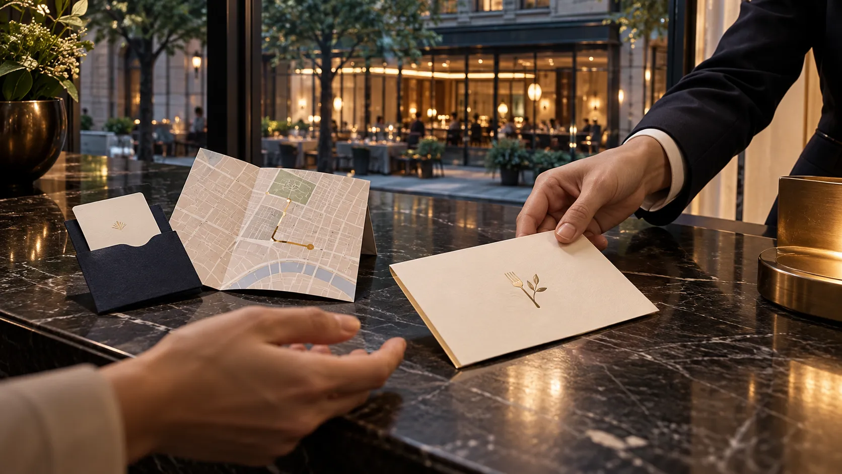 A room key, neighborhood walking map, and restaurant invitation arranged on a contemporary hotel concierge counter.