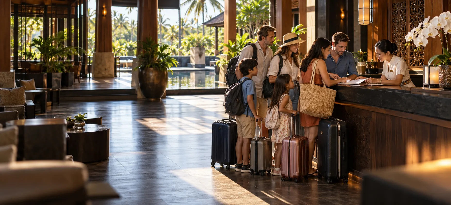 A group of travelers coordinating check-in at a hotel reception.