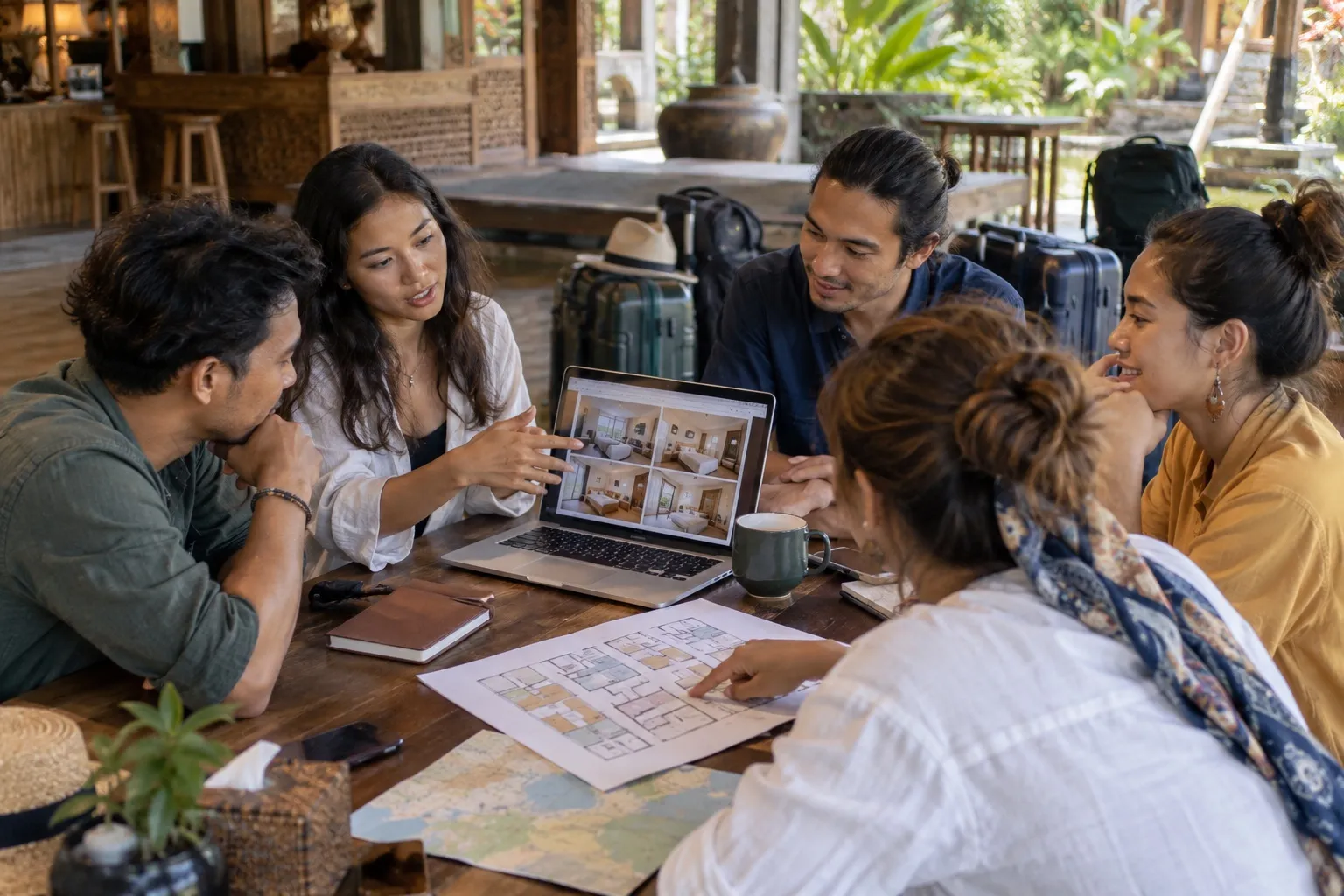 Travel coordinator and friends planning room allocations together.